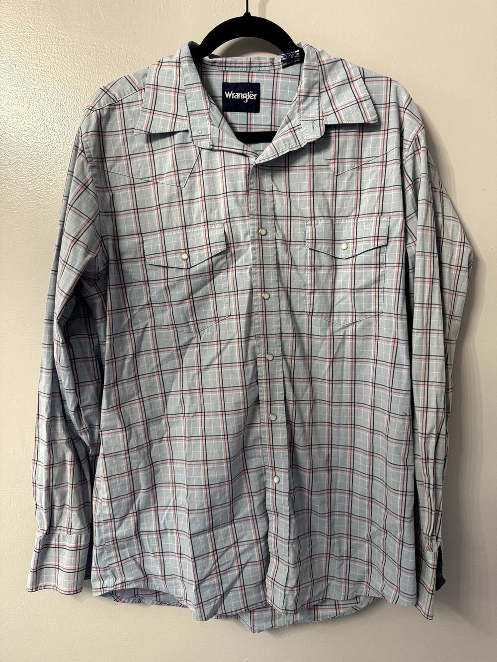 L Wrangler Long Sleeve Pearl Snap Blue and Red Plaid